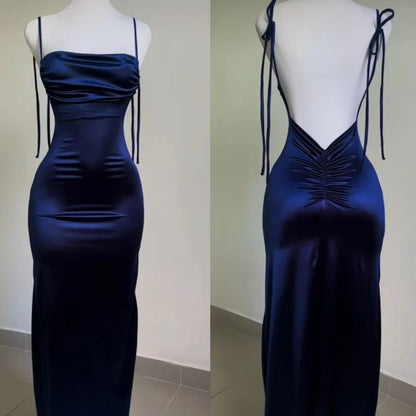 Sexy Sheath Spaghetti Straps Sleeveless Open Back Floor-Length Prom Dresses