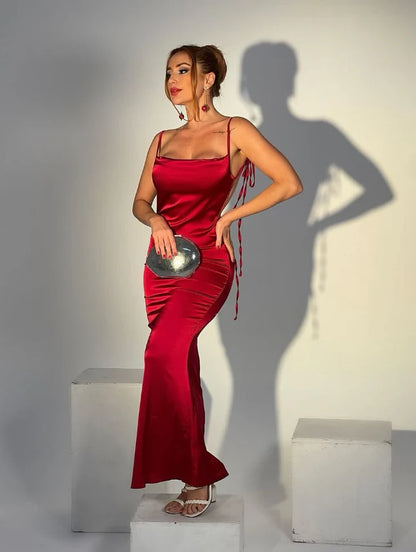 Sexy Sheath Spaghetti Straps Sleeveless Open Back Floor-Length Prom Dresses