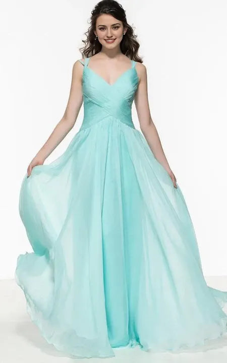 Sexy V Neck A-Line Spaghetti Straps Pleats Hollow Back Floor Length Sleeveless Prom Dress/Dress For Formal
