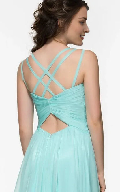 Sexy V Neck A-Line Spaghetti Straps Pleats Hollow Back Floor Length Sleeveless Prom Dress/Dress For Formal