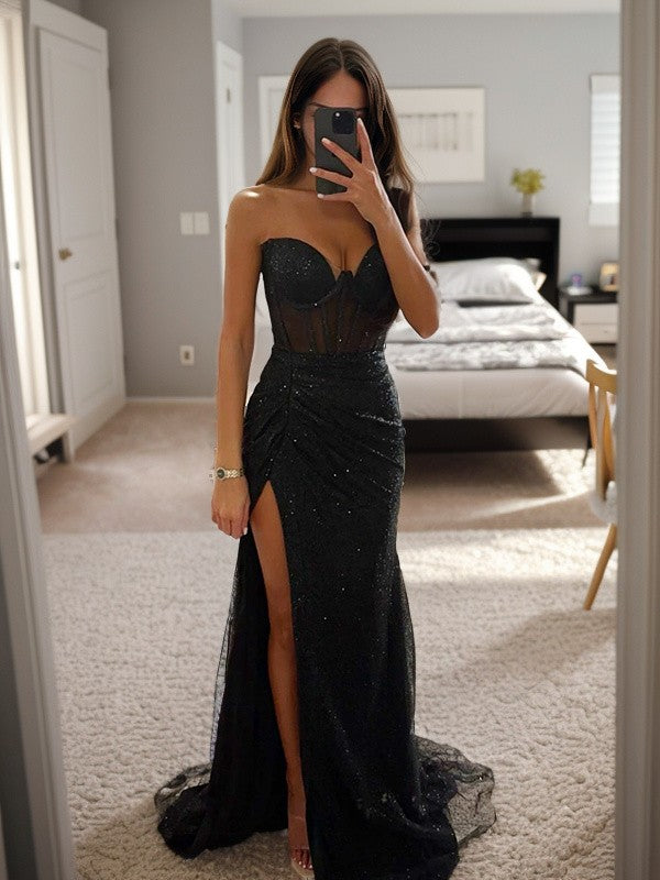 Sheath/Column Ruched Sweetheart Sleeveless Sweep/Brush Train Dresses Back Zip Prom Dress