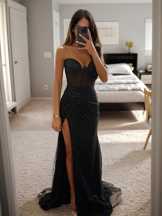 Sheath/Column Ruched Sweetheart Sleeveless Sweep/Brush Train Dresses Back Zip Prom Dress