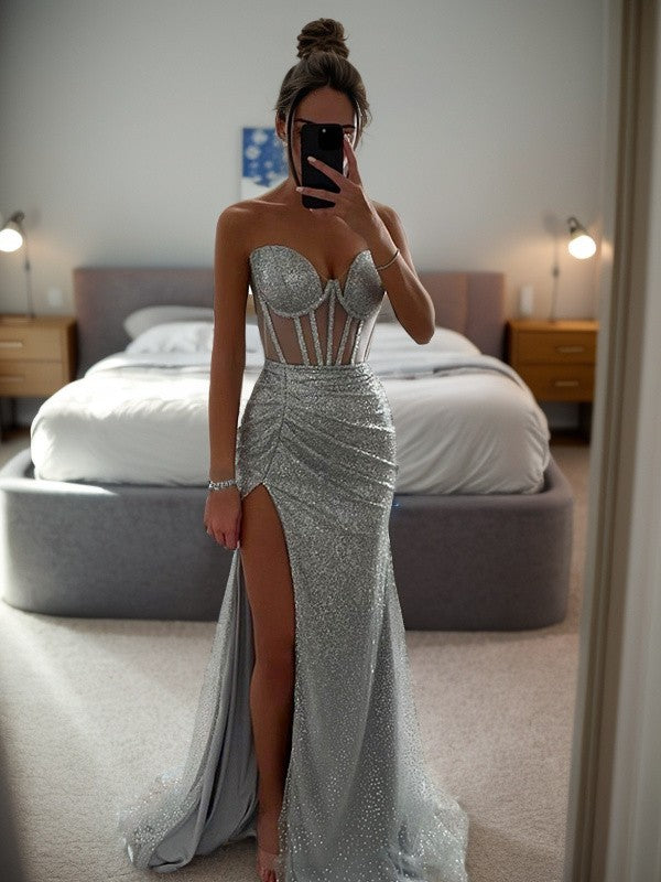 Sheath/Column Ruched Sweetheart Sleeveless Sweep/Brush Train Dresses Back Zip Prom Dress