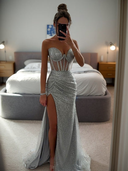 Sheath/Column Ruched Sweetheart Sleeveless Sweep/Brush Train Dresses Back Zip Prom Dress