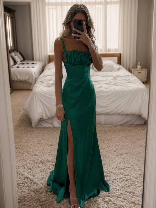 Sheath/Column Satin Ruched Lace Up Spaghetti Straps Sleeveless Sweep/Brush Train Prom Dress