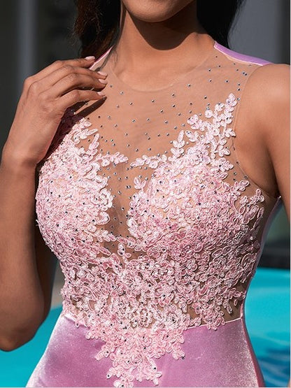 Sheath/Column Scoop Appliques Lace Sweep Train Sleeveless Back Keyhole Prom Dress