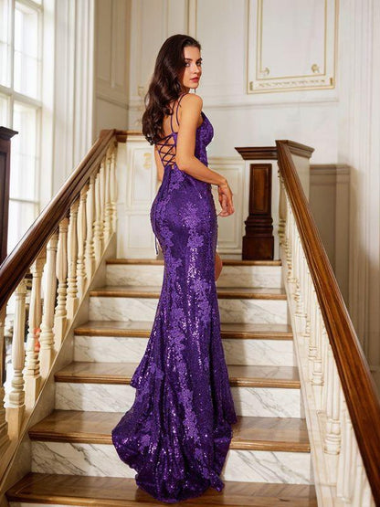 Sheath/Column Sequins Applique V-neck Sleeveless Court Train Dresses Prom Dress