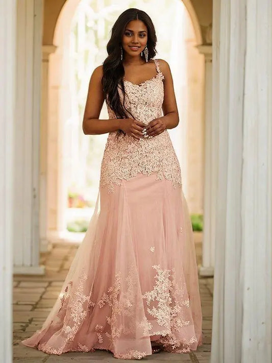 Sheath/Column Tulle Applique Straps Sleeveless Sweep Train Dresses Lace Up Prom Dresses With Multi Layer