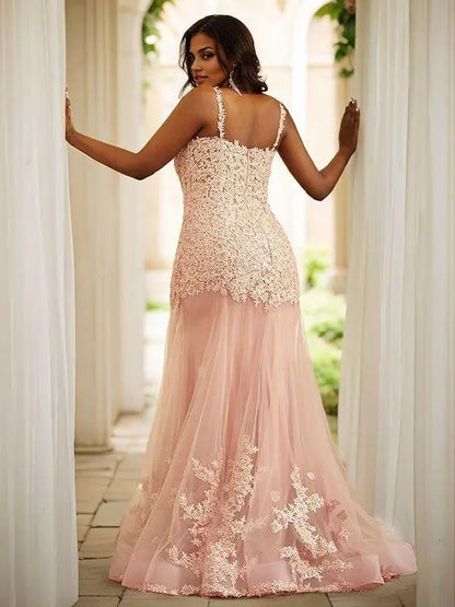 Sheath/Column Tulle Applique Straps Sleeveless Sweep Train Dresses Lace Up Prom Dresses With Multi Layer