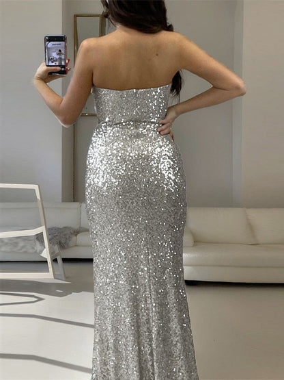 Sheath Straight Strapless Sweep Train Sequins Dress Prom Dress With Slit