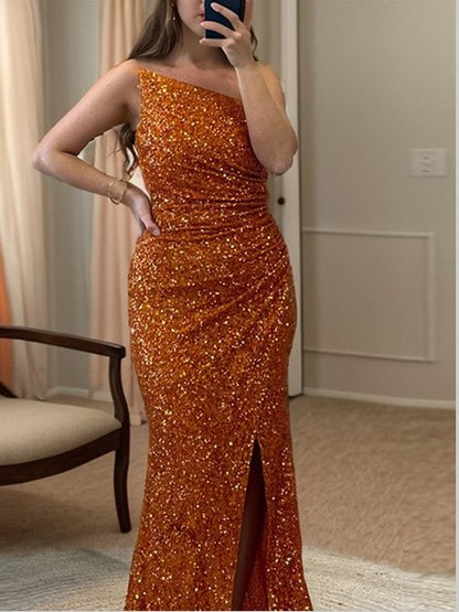 Sheath Straight Strapless Sweep Train Sequins Dress Prom Dress With Slit
