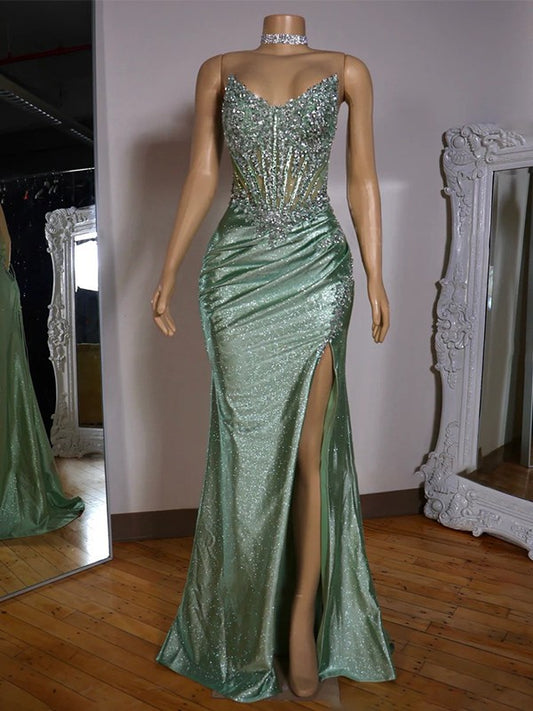 Sheath Sweetheart Pleated Sweep Train Corset Dress Mermaid/Trumpet Sleeveless Prom Dress