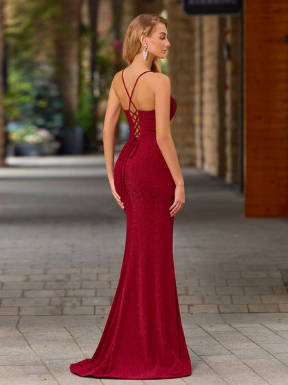 Sheath V-neck Sleeveless Pleated Sweep Train Dress Crossed Straps Prom Dress