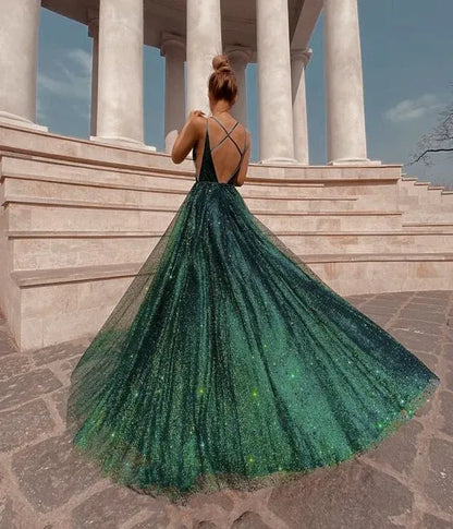 Shiny A-Line Spaghetti Straps Sleeveless Backless Floor-Length Prom Dress