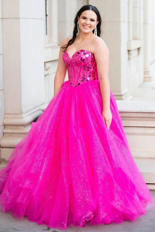 Shiny Ball Gown Off The Shoulder Sleeveless Tulle Floor-Length Prom Dress