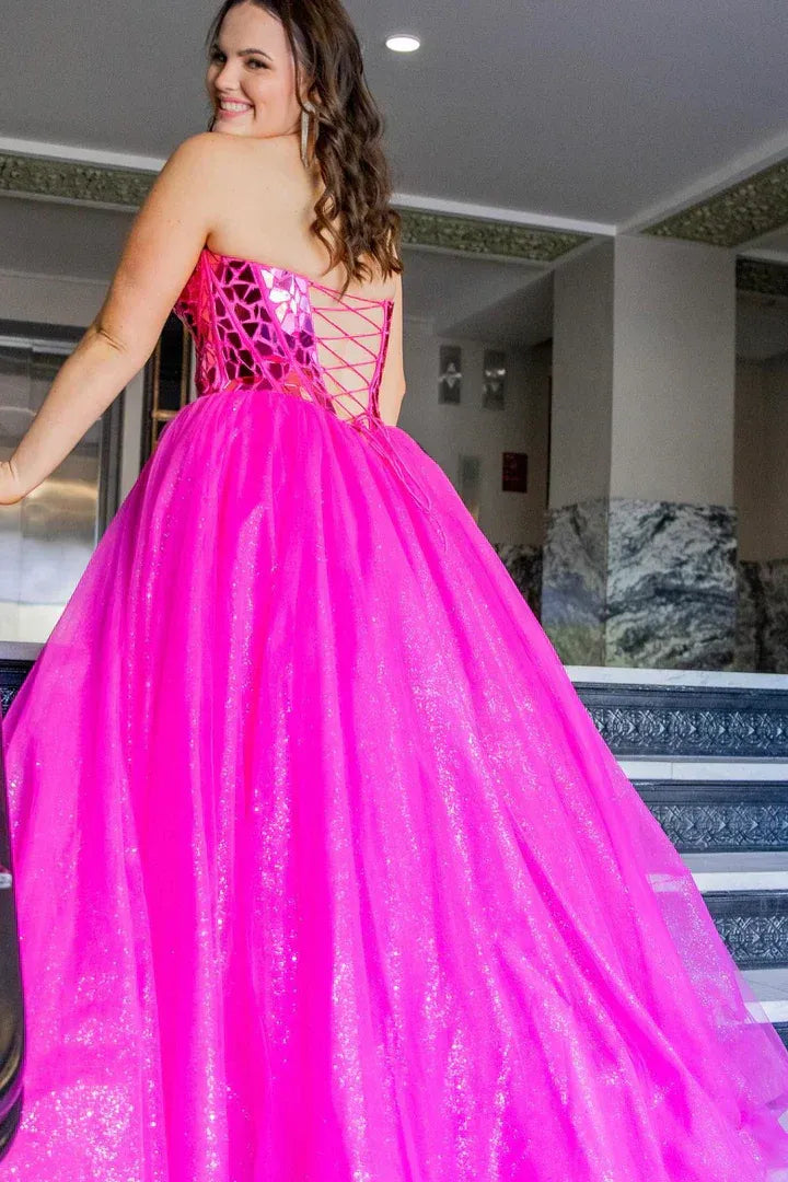 Shiny Ball Gown Off The Shoulder Sleeveless Tulle Floor-Length Prom Dress
