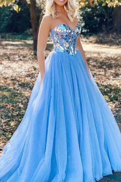 Shiny Ball Gown Off The Shoulder Sleeveless Tulle Floor-Length Prom Dress