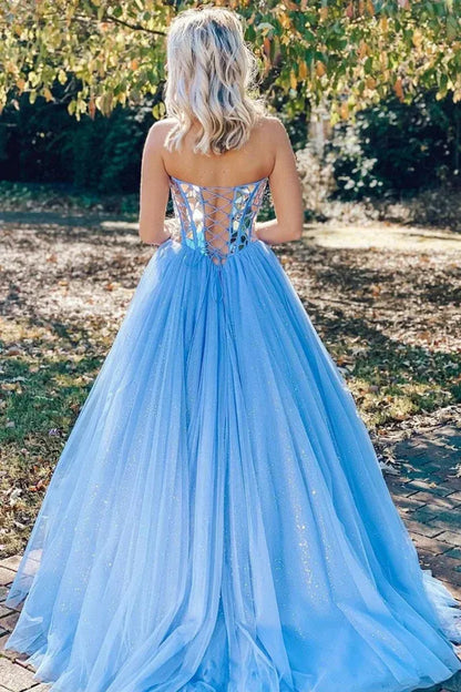 Shiny Ball Gown Off The Shoulder Sleeveless Tulle Floor-Length Prom Dress