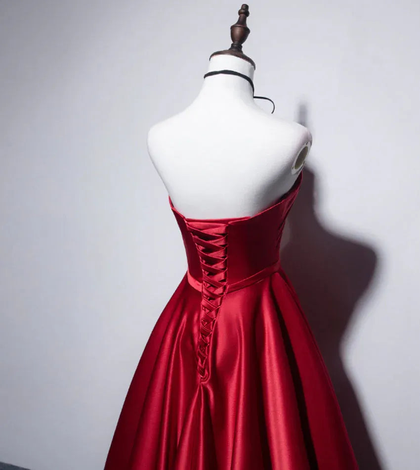 Simple A-Line Sweetheart Sleeveless Satin Sweep/Brush Train Prom Dress