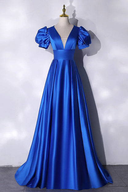 Simple A-Line V Neck Puff Sleeve Lace Up Floor-Length Prom Dress