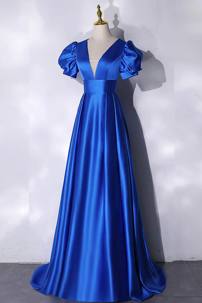 Simple A-Line V Neck Puff Sleeve Lace Up Floor-Length Prom Dress