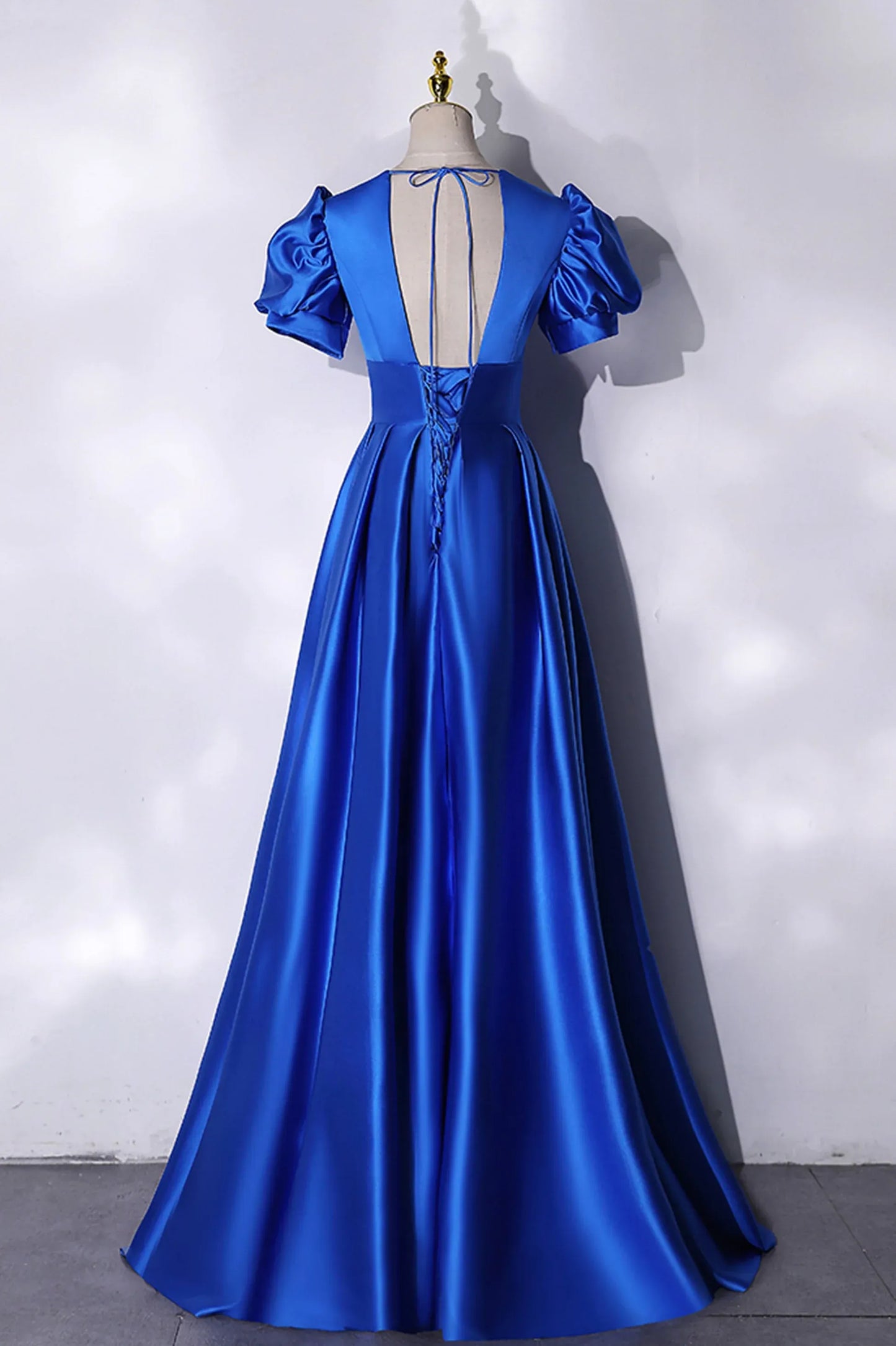 Simple A-Line V Neck Puff Sleeve Lace Up Floor-Length Prom Dress