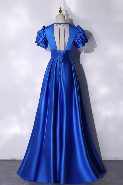 Simple A-Line V Neck Puff Sleeve Lace Up Floor-Length Prom Dress