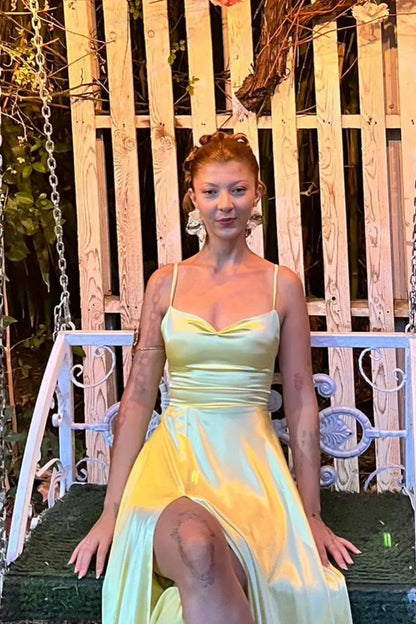 Simple A-line Spaghetti Straps Sleeveless Slit Satin Floor-Length Prom Dress