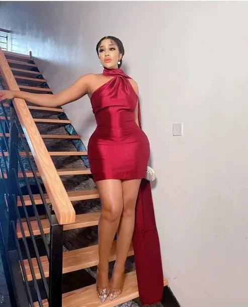 Simple Bodycon Halter Neck Sleeveless Solid Color Satin Short Mini Homecoming Dress