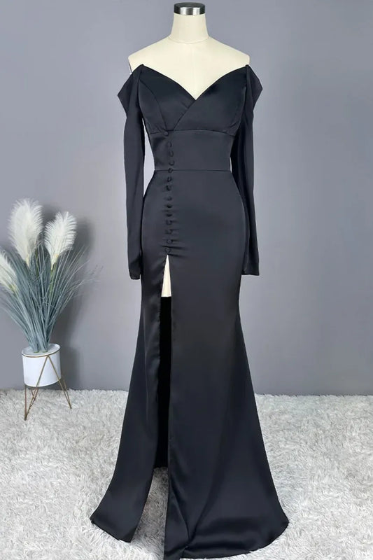 Simple Sheath/Column Off the Shoulder Long Sleeve Satin Floor-Length Prom Dress