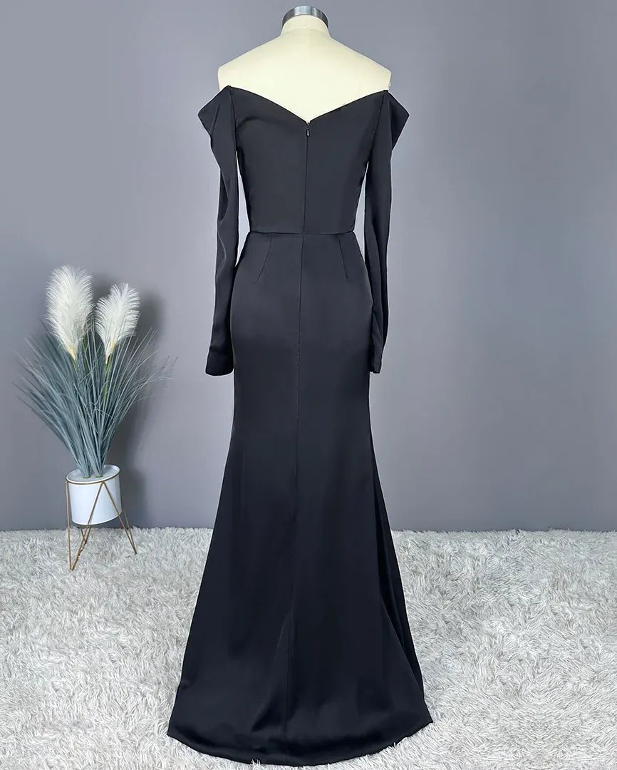 Simple Sheath/Column Off the Shoulder Long Sleeve Satin Floor-Length Prom Dress