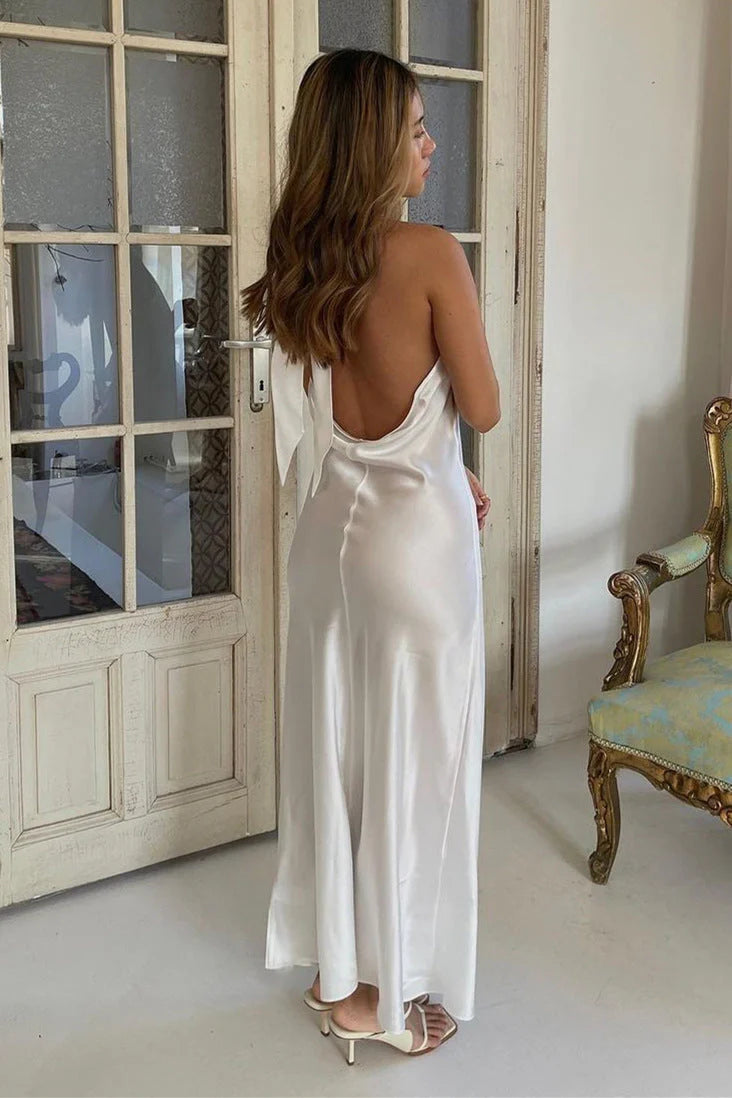Simple Sheath Halter-Neck Sleeveless Backless Ankle-Length Prom Dress
