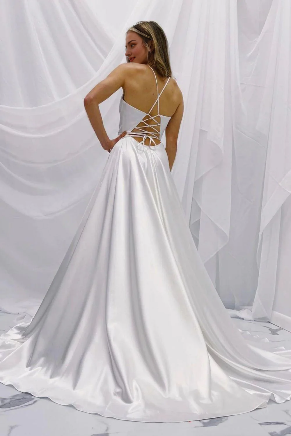 Simple A Line Spaghetti Straps Wedding Bridal Dress