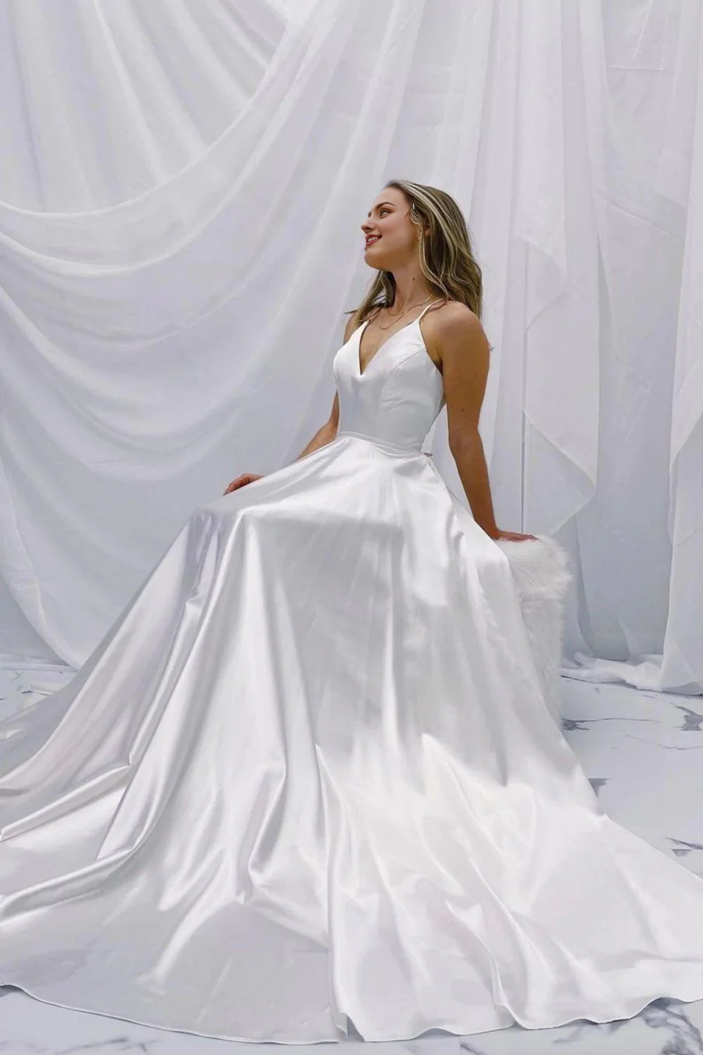Simple A Line Spaghetti Straps Wedding Bridal Dress