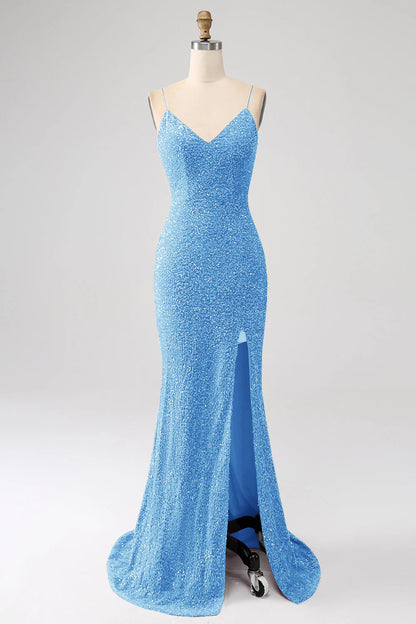 Sequins Mermaid Spaghetti Straps Long Prom Dress