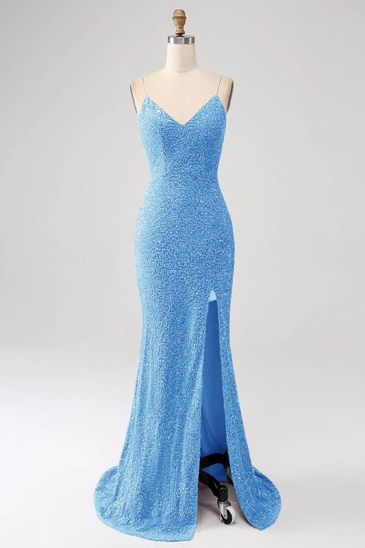 Sequins Mermaid Spaghetti Straps Long Prom Dress