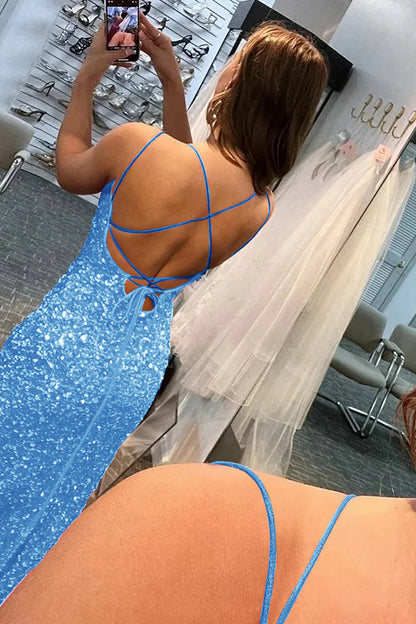 Mermaid Glitter Sequins Backless Long Prom Dress With Slit