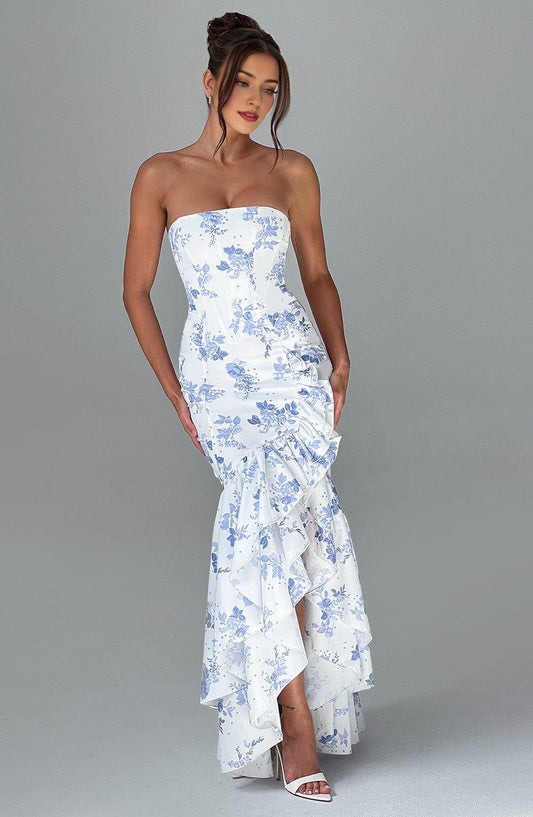 Sleeveless Chic Long Mermaid Prom Dresses with Slit Blue Floral Print Strapless Formal Evening Gown Ruffle Wedding Party Dresses