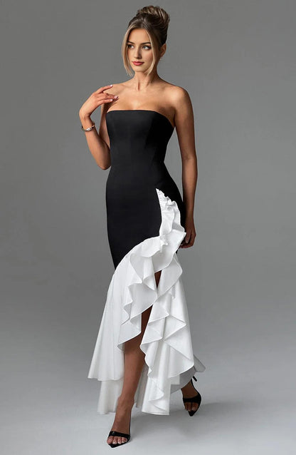 Sleeveless Chic Long Mermaid Prom Dresses with Slit Black/White Strapless Formal Evening Gown Ruffle Wedding Party Dresses