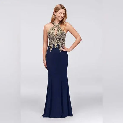 Sleeveless Metallic Lace And Round Neck Halter Gown Mermaid Floor Length Prom Dress
