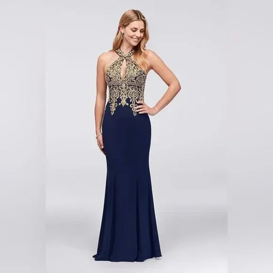 Sleeveless Metallic Lace And Round Neck Halter Gown Mermaid Floor Length Prom Dress