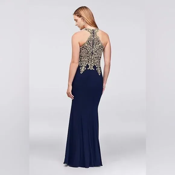 Sleeveless Metallic Lace And Round Neck Halter Gown Mermaid Floor Length Prom Dress