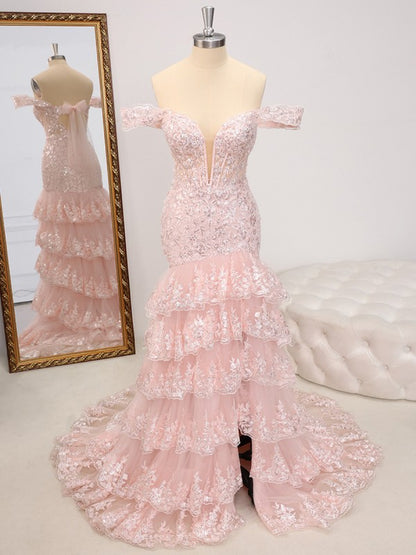 Sleeveless Sheath Off-the-Shoulder Appliques Lace Sweep Train Tulle Corset Prom Dress