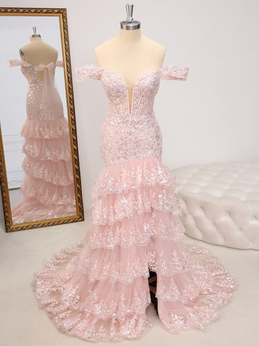 Sleeveless Sheath Off-the-Shoulder Appliques Lace Sweep Train Tulle Corset Prom Dress