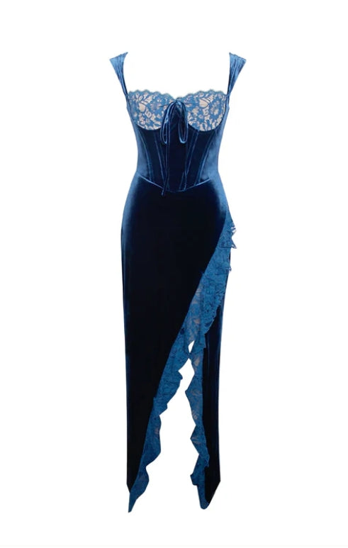 Sleeveless Ankle Length Mermaid Square Neck Lace Velvet Prom Dress With Slit