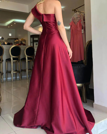 A-line Sleeveless Satin One Shoulder Slit Evening Prom Dress