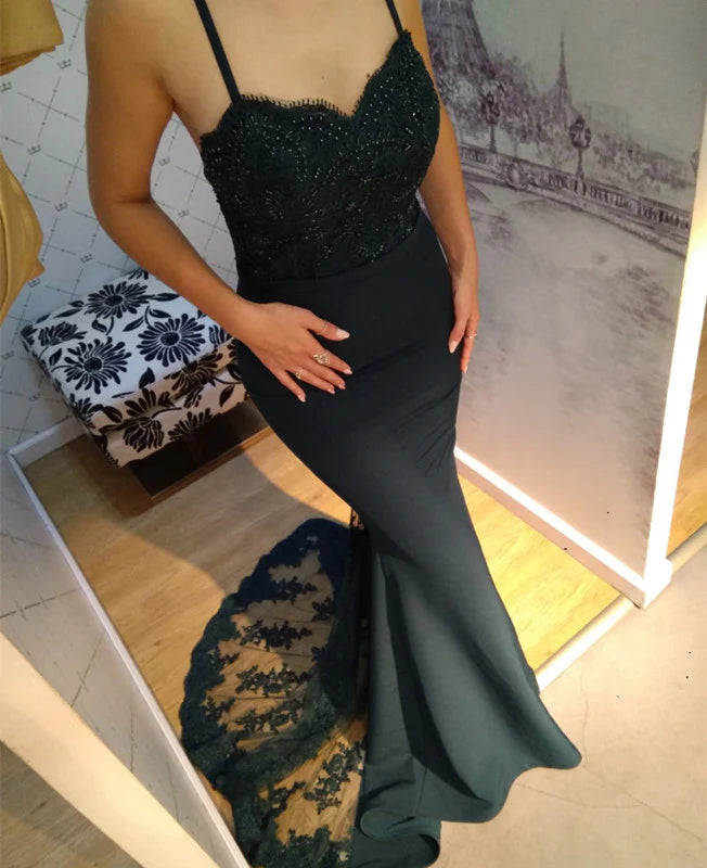 Sleeveless Spaghetti Straps Sweetheart Mermaid Prom Dresses Lace Train ﻿