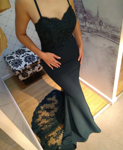 Sleeveless Spaghetti Straps Sweetheart Mermaid Prom Dresses Lace Train ﻿