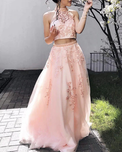 Two Piece Prom Dresses High Neck Lace Embroidery