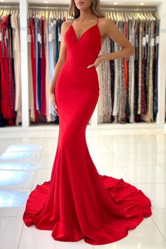 Spaghetti Strap Backless Red Prom Dresses Mermaid V-Neck Evening Dress With Train